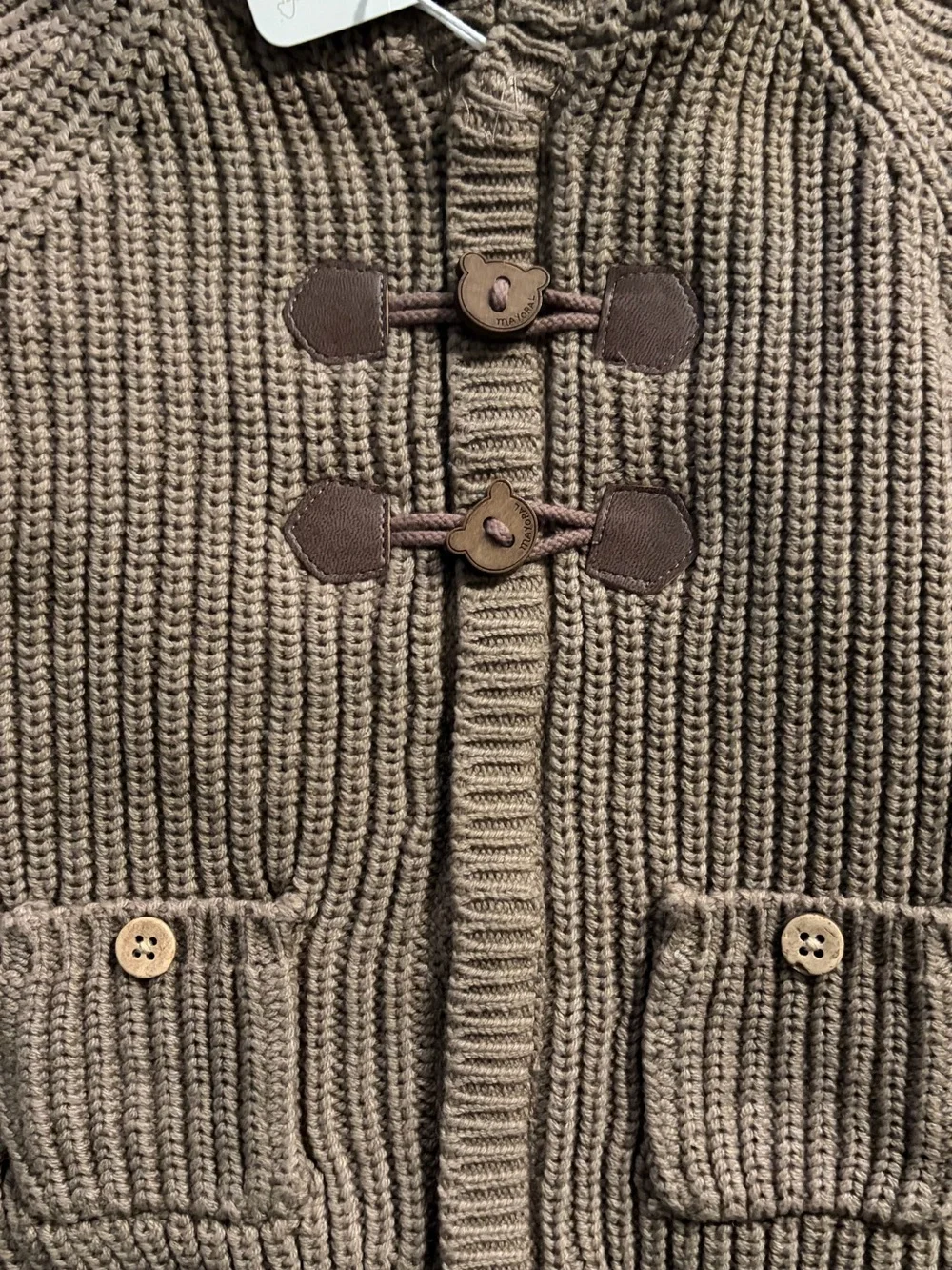 Mayoral Tan Hooded Cable Knit Sweater with Pom Pom